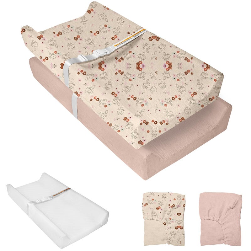 JVEOO Muslin Baby Changing Pad, 2 Pack Muslin Soft Cotton Covers & Waterproof Lining Foam Diaper Changing Table Pad 32" x 16.6" Mat for Dressers - Image 1